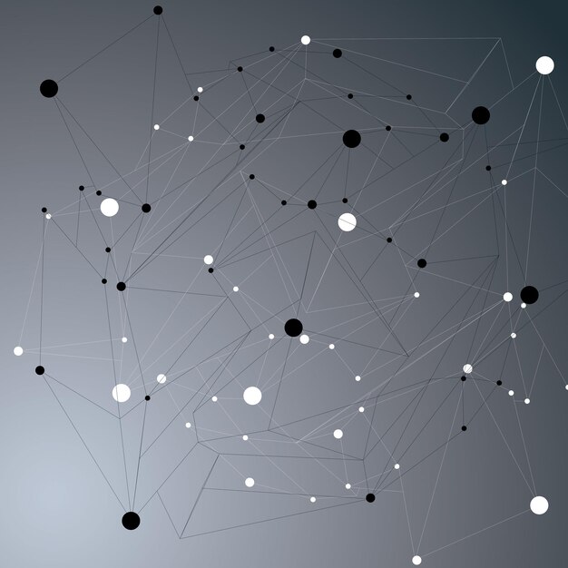 Spatial vector monochrome digital object, 3d technology figure with geometric elements and black wireframe.