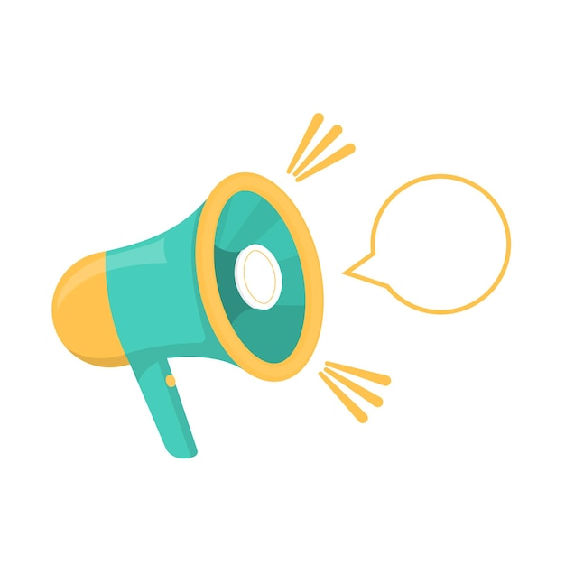 Speaker icon. Flat symbol in yellow and turquoise. Voice and speech amplifier. The object to attract attention and protests. Vector illustration.