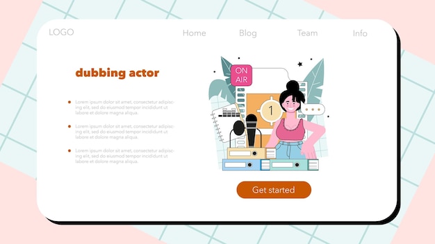 Speaker web banner or landing page Voice actor dubbing a movie