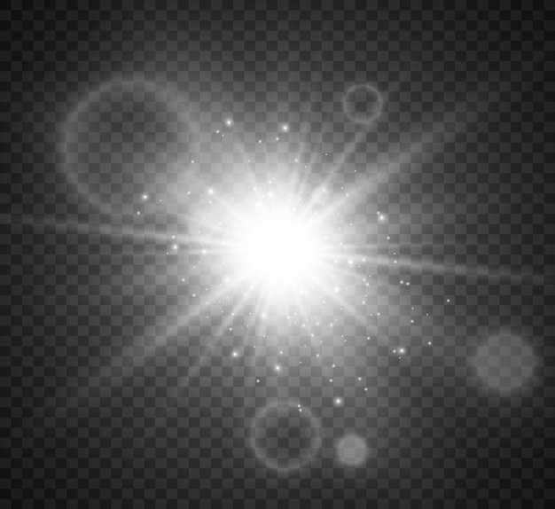 special lens flash, light effect. the flash flashes rays and searchlight. illust.white glowing light. beautiful star light from the rays. the sun is backlit. bright beautiful star. sunlight. glare.