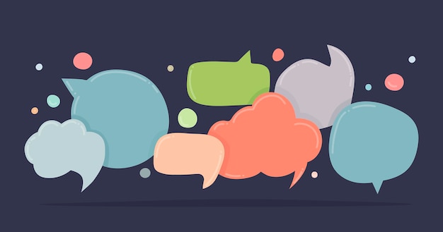 speech bubbles doodle in different colors isolated on dark background. chat banner template. discussion concept. vector illustration.