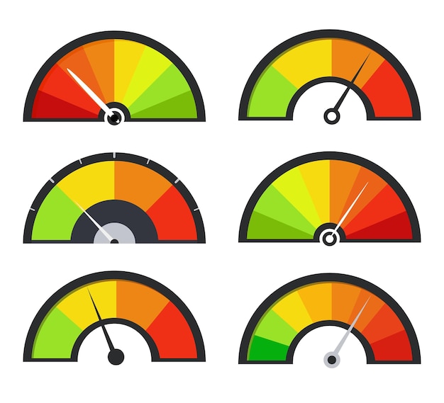 Speedometer gauge meter icons customer satisfaction indicators with poor and good levels mileage