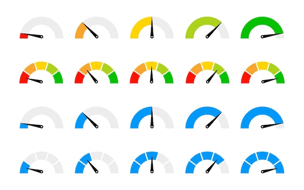 Speedometer icon set Performance level dial bar vector illustration Power level measure symbol