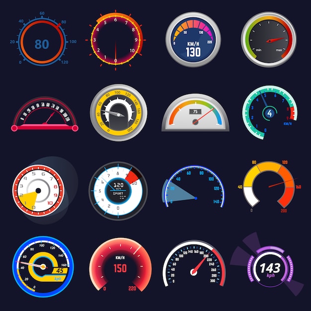 Speedometer vector car speed dashboard panel and speed-up power measurement illustration set