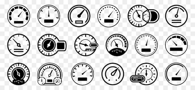 Speedometer vehicle icon collection Set of car speedometer indicator icons Gauge dashboard indicator scale icons Fast speed signs