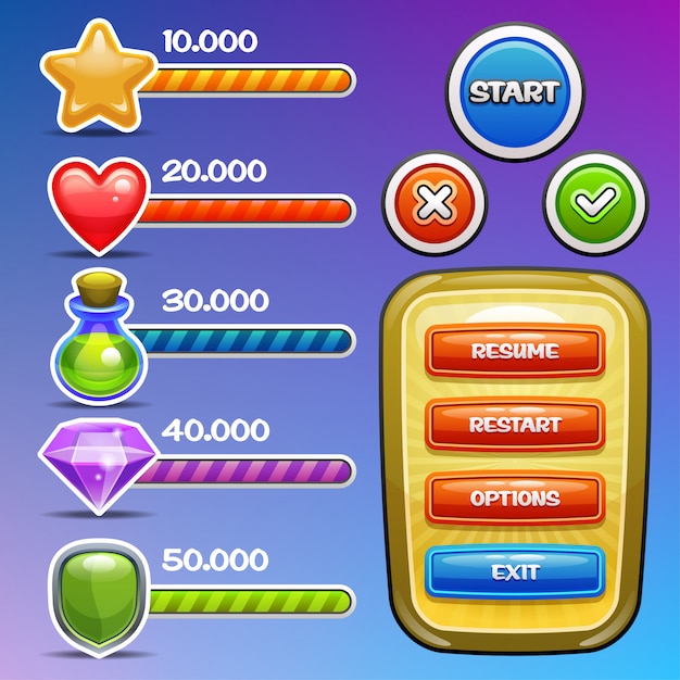 Spil interface elementer. Ikoner med statusbarer, options banner og knapper.