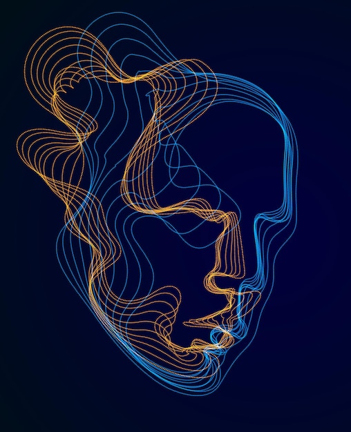 spirit of digital electronic time, artificial intelligence vector illustration of human head made of dotted particles wave lines, particle flow, technological soul of machine.