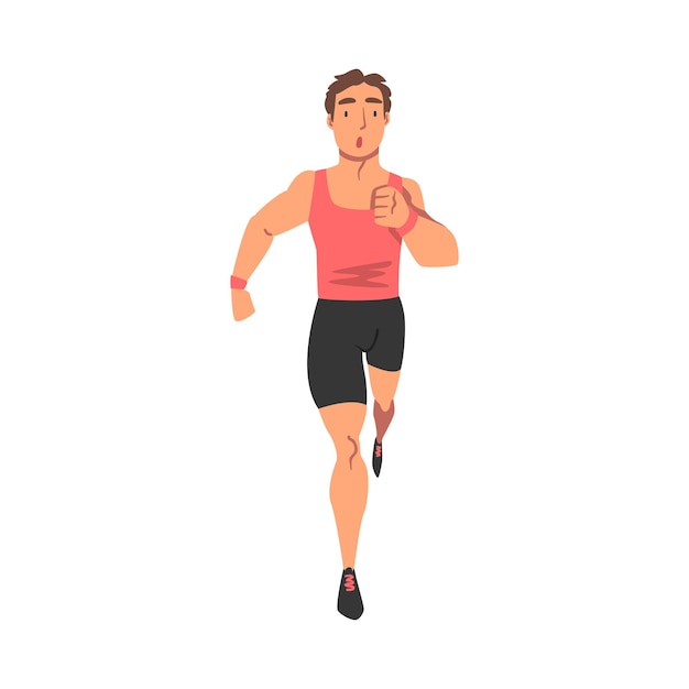 Spor üniformalı, koşan adam atlet karakterinin önden görünümü, maraton antrenmanı, sabah egzersizi yapan koşucu, izole edilmiş beyaz arka plan vektör illüstrasyonu