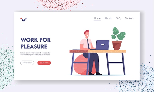 Sport Activity at Work Place Landing Page Template. Office Worker Exercising at Workplace while Work on Laptop. Male Character Sitting on Fitball at Desk Doing Workout. Cartoon Vector Illustration