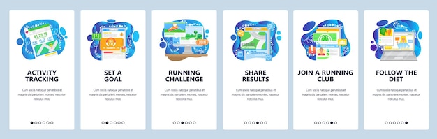 Sport activity tracket and fitness mobile app set a gol and share results Mobile app onboarding screens Menu vector banner template for website and development Web site design flat illustration