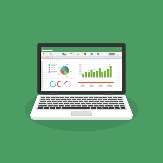 spreadsheet on laptop screen flat icon financial accounting report concept office things for planning and accounting analysis audit project management marketing research vector illustration