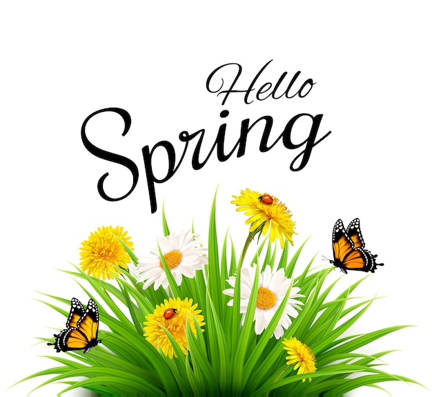 spring background with grass, flowers and butterflies. vector.