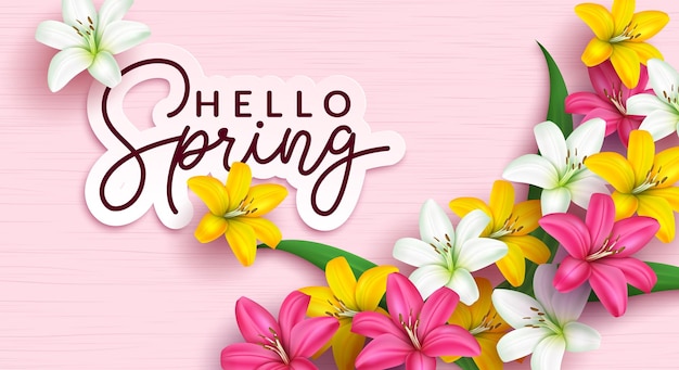 spring flowers greeting vector design hello spring typography text in paper cut art with lilies