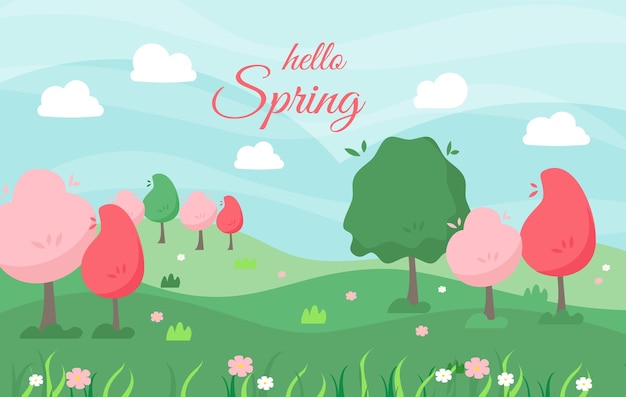 Spring landscape background with beautiful trees and flowers hills and field Vector illustration
