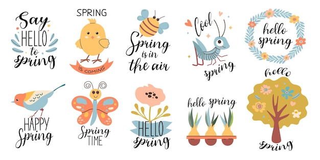 Spring set Hello spring quotes set Spring labels with season calligraphy quotes flowers wreathe