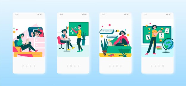 Sprogindlæring videoopkald online uddannelse mobilapp skærme vektor hjemmeside banner skabelon ui w