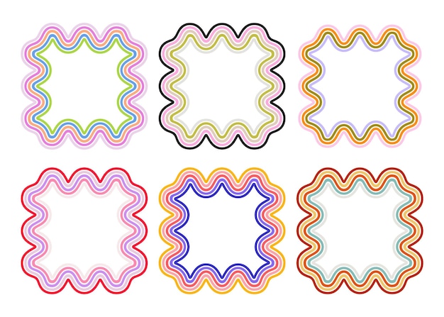 Square boho retro frames with colorful wavy lines