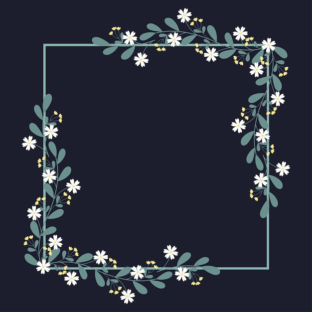 Square Frame Or Wreath With Green Leaves And Yellow White Flowers