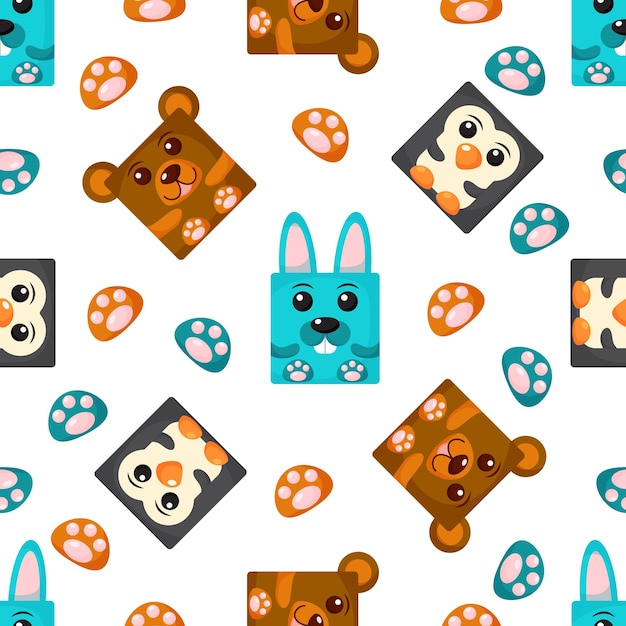 squares rabbit penguin bear seamless pattern vector background with the faces of rabbit