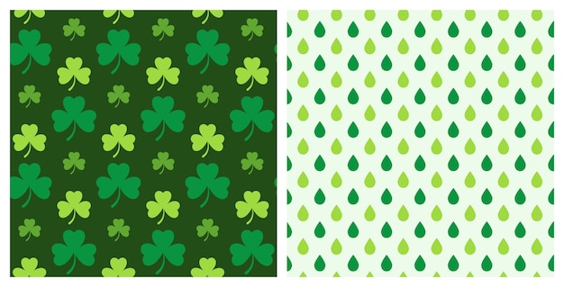 st. patricks day set of two seamless decorative pattern of clover leaves and green raindrops