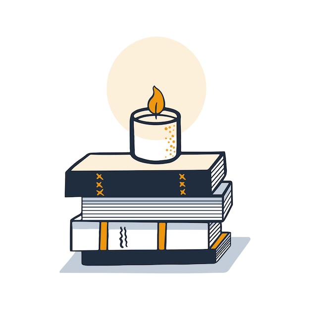 Stack of books and a burning candle. Fall decorative objects  Flat cartoon hand drawn style