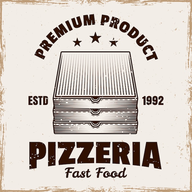 Stack of pizza boxes vector emblem badge label or logo for pizzeria in vintage colored style isolated on background with grunge texture