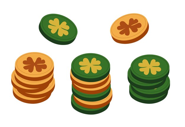 stacked coins featuring clover designs in various colors create a playful representation vector