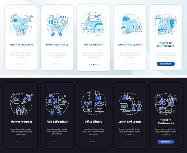 Staff development perks onboarding mobile app page screen. Walkthrough 5 steps graphic instructions with linear concepts. UI, UX, GUI template. Night and day mode. Myriad Pro-Bold, Regular fonts used