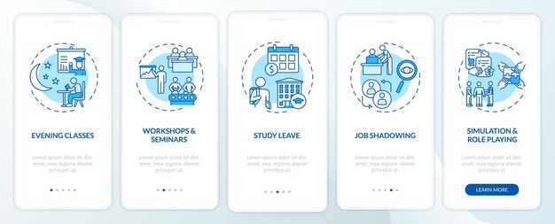 staff development types onboarding mobile app page screen with concepts