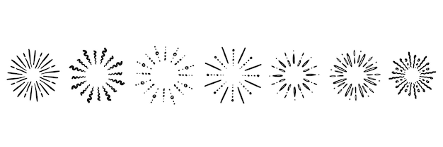 starburst hand drawn elements circle sunburst doodle drawing framed design badge or label decor abstract outline burst star or firework explosion or light rays vector isolated icons set