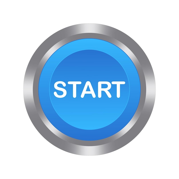Start blue button with metal base Push press control manipulation key knob Starter beginning onset opening launch run the program turn on switch activate plug in install contact