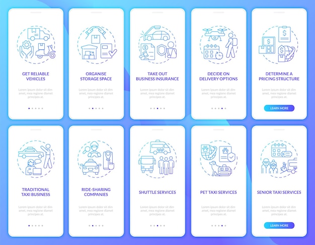 Start delivery business blue gradient onboarding mobile app screen set Car walkthrough 5 steps graphic instructions pages with concepts UI UX GUI template Myriad ProBold Regular fonts used