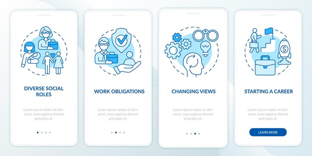 Starting a career onboarding mobile app page screen. Changing views walkthrough 4 steps graphic instructions with concepts. UI, UX, GUI vector template with linear color illustrations