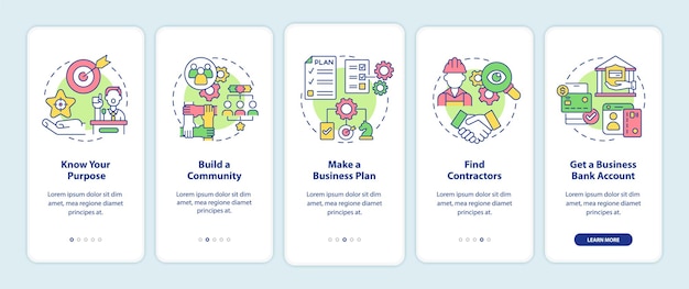 startup boosting tips onboarding mobile app page screen. entrepreneurship walkthrough 5 steps graphic instructions with concepts. ui, ux, gui vector template with linear color illustrations