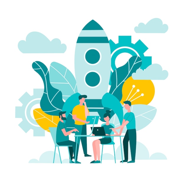 startup business dialogue discussion brainstorming at the table in the office vector illustration