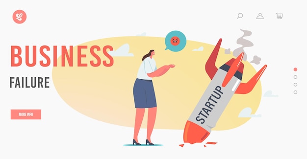 startup crash, business failure landing page template. businesswoman stand at fallen rocket trying to realize mistake in business strategy, management fail. cartoon people vector illustration