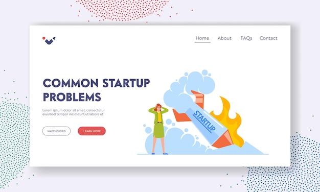 startup crash business failure management landing page template businesswoman stand at fallen rocket illustration