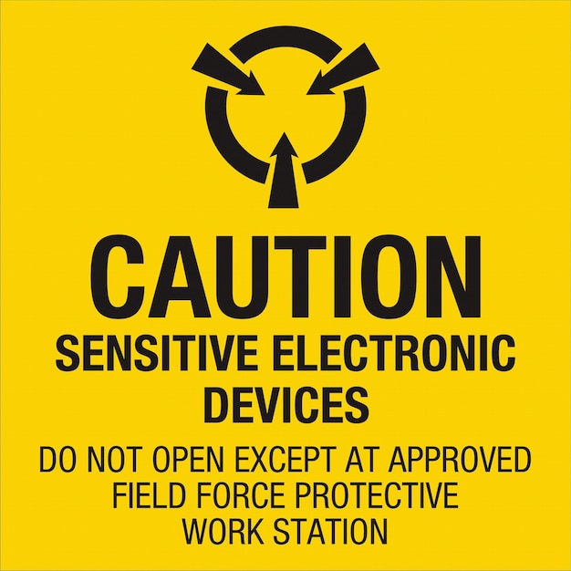 static awareness labels caution static electricity may damage contents hand arrow symbol yellow