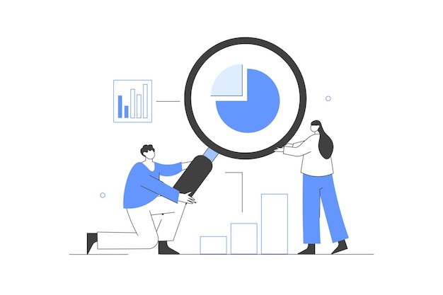 Statistical analysis Characters with magnifying glass analyzing data Circular diagram research