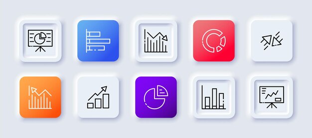 Statistical charts set icon Bar and pie chart donut growth decline arrow analytics data analysis information processing Neomorphism style Vector line icon for Business and Advertising
