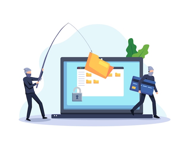 steal data concept illustration. hackers and cyber criminals phishing stealing private personal data. vector in a flat style