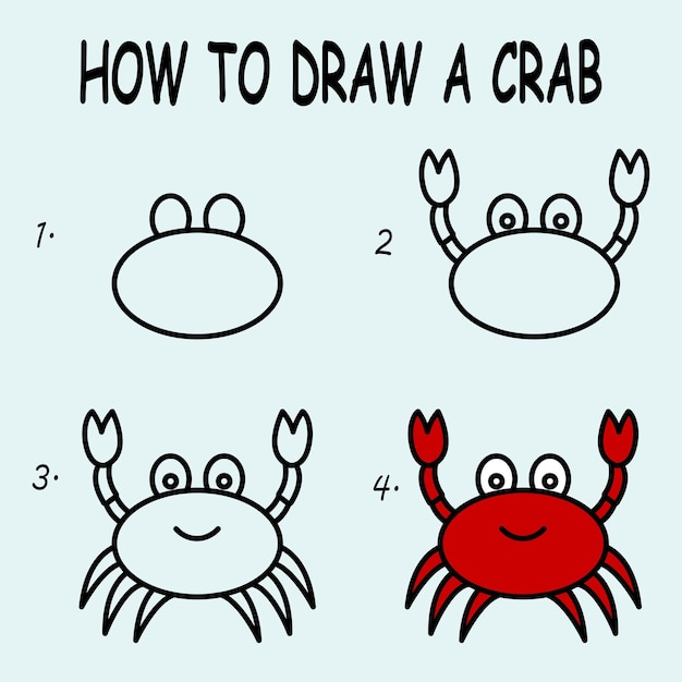 Step by step to draw a Crab Drawing tutorial a Crab Drawing lesson for children Vector illustrati