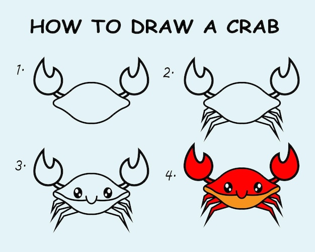 Step by step to draw a Crab Drawing tutorial a Crab Drawing lesson for children