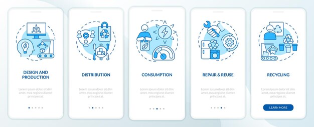 steps to circular economy blue onboarding mobile app screen consumption walkthrough 5 steps graphic instructions pages with linear concepts ui ux gui template myriad probold regular fonts used