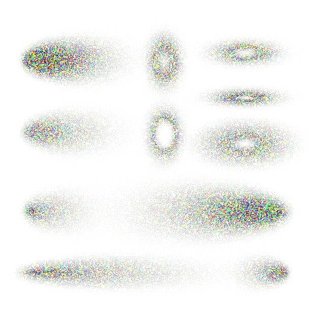 Stipple shadows set dotted design elements Fading gradient Stippling dotwork drawing shading using dots Pixel disintegration halftone effect Colored noise grainy texture Vector illustration