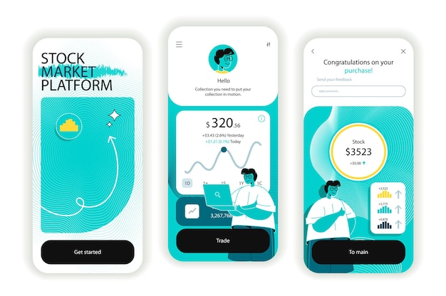 stock market concept onboarding screens ui ux gui user interface kit