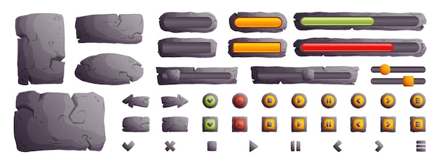 stone buttons and boards for game ui gui elements isolated on white background vector cartoon set of gray stone banners menu buttons and arrows for mobile game