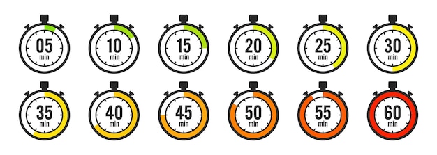 Stopwatch icons colorful simple chronometer time counter with dial countdown timer showing hours and