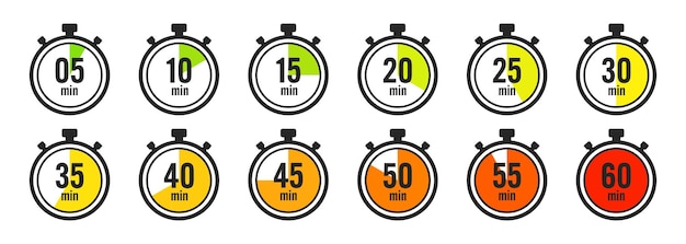 Stopwatch icons colorful simple chronometer time counter with dial countdown timer showing hours and