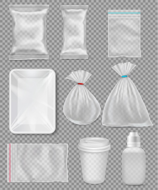 Stort sæt af polypropylen plastemballage - sække, bakke, kop på transparent baggrund. Vektorillustration